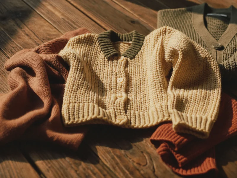Grob gestrickte Kleinkind-Jacken und Pullover in Hafer, Salbei und Terrakotta auf Eichenholz