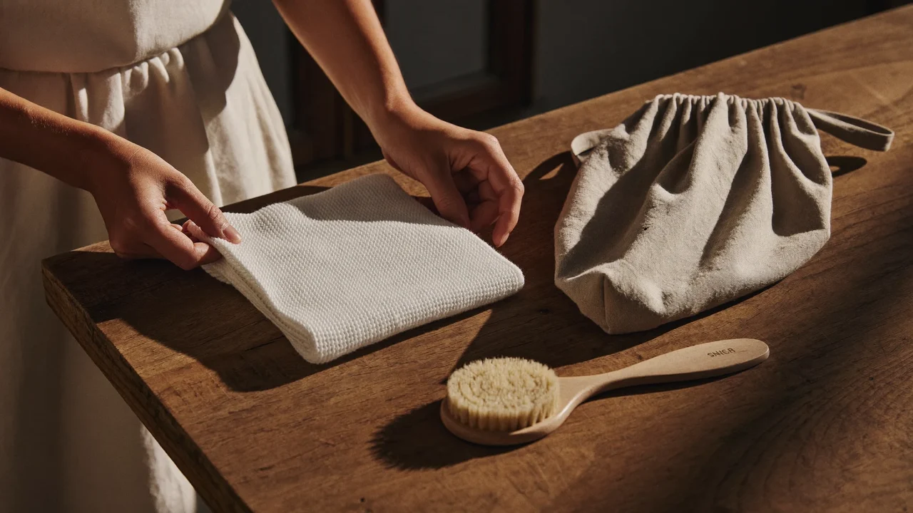Hände falten ein kleines gestricktes Kleidungsstück neben Kleiderbürste und Leinenbeutel auf einem Holztresen